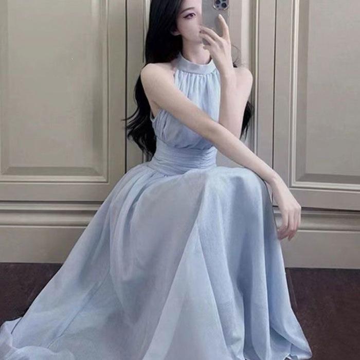 Summer French gentle temperament elegant and sweet slim waist and thin new neck sleeveless dress trendy S синий
