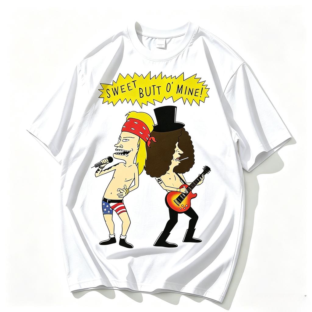 Funny Beavis And Butthead Rock Band Print Tshirt Sweet Butt Cartoon Guitar Singer Graphic Short Sleeve Casual Otaku Tee