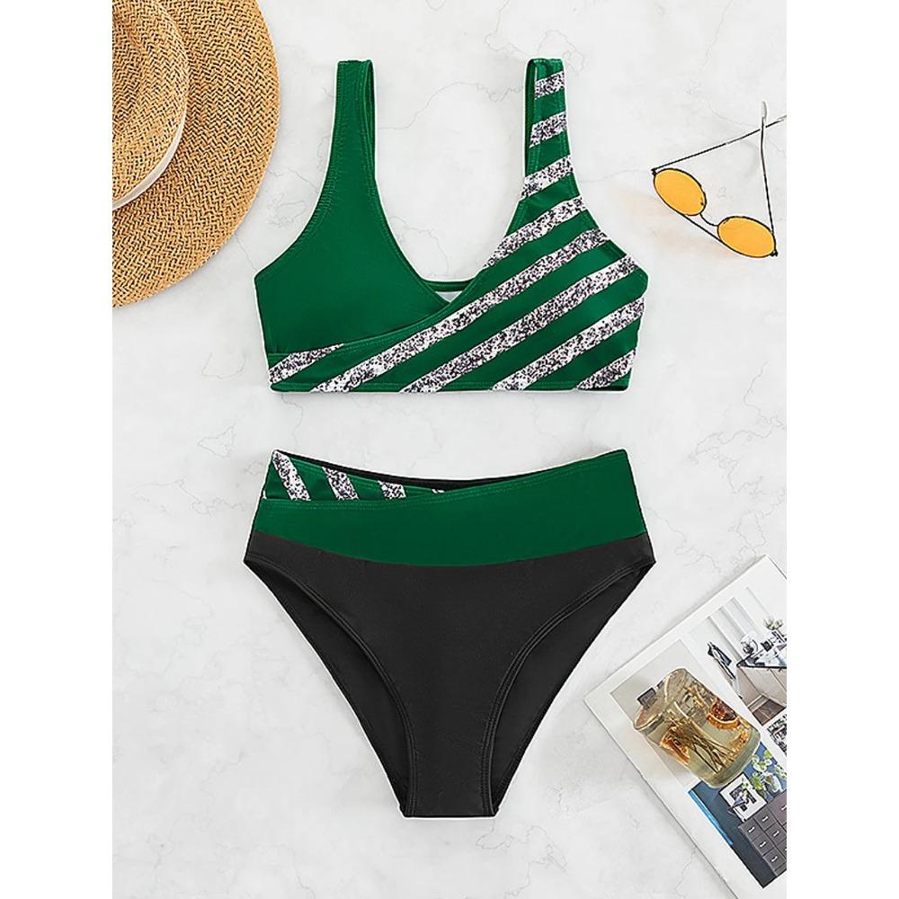 Bikini set s V výstřihem 2026 Dámský pruhovaný patchworkový plavecký úbor Letní plážové oblečení Plavky Ženské plavky Koupací plavky 3XL