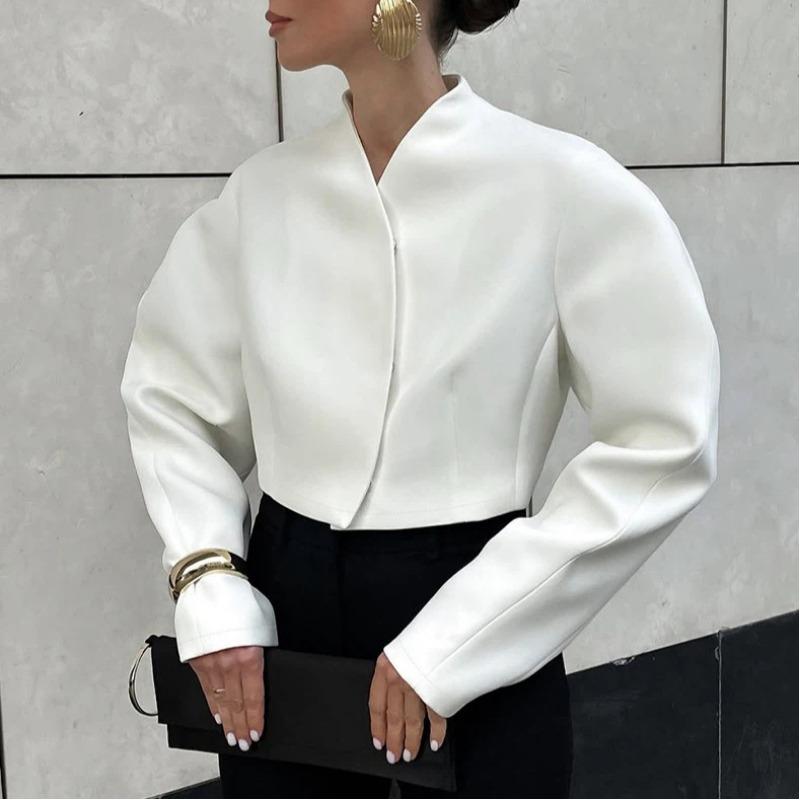 Women S White Cropped V Neck Long Sleeve Loose Elegant Jacket