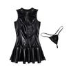 Women Faux Leather High Collar Sleeveless Front Zipper Flare Mini Dress with G-string Clubwear