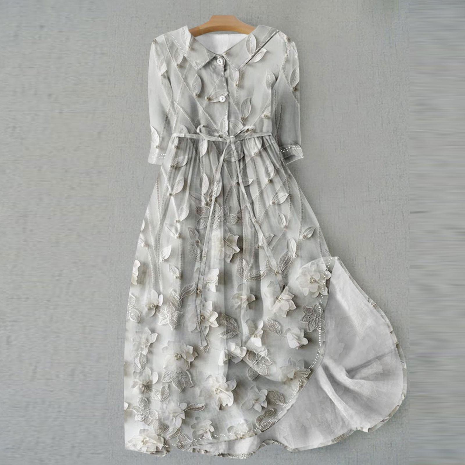 Women s Fashion Printed Flip Collar Button Up 3/4 Sleeve Strap Dress M бежевый