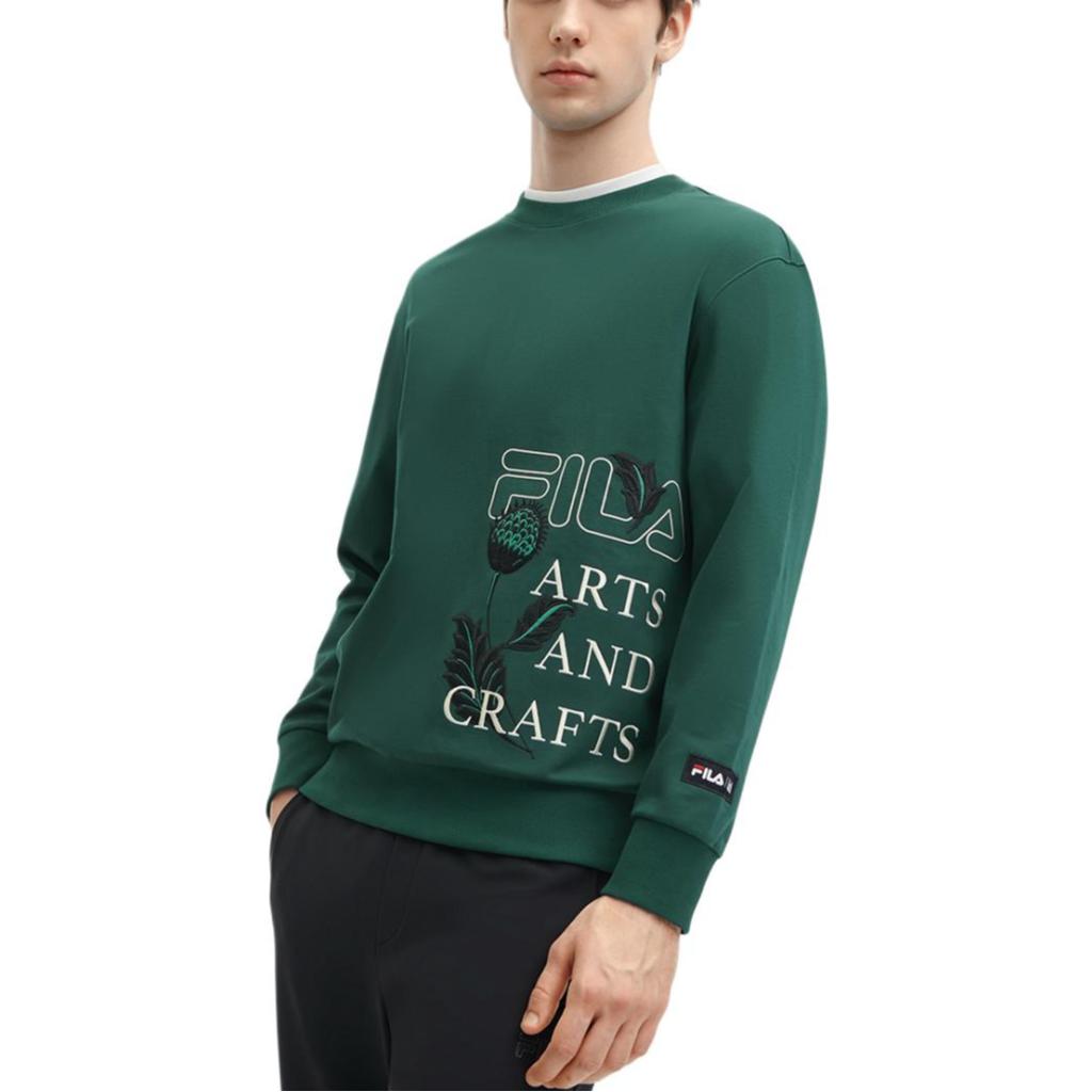 FILA X V&A Heritage Collection Morgan Series Letter Round Neck Pullover Sweatshirt Men sweatshirt Night-Shadow-Green F11M418206F-GN