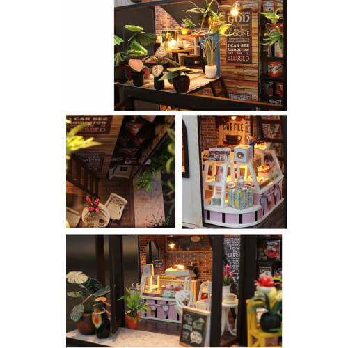 Moin Moin Dollhouse Miniature DIY Kit Set: Coffee Shop with Plants | Two-Story Modern | Medium | LED Light + Acrylic Case (Product Code: 2008DH193)