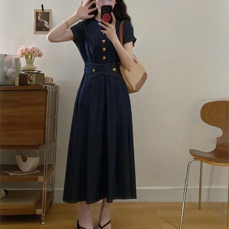 

Plus Size French Style Retro Thin Denim Dress Summer Chubby Girl Tight Waist Slimming Slim Fit Short Sleeve Dark Blue Dress Picture color 3XL