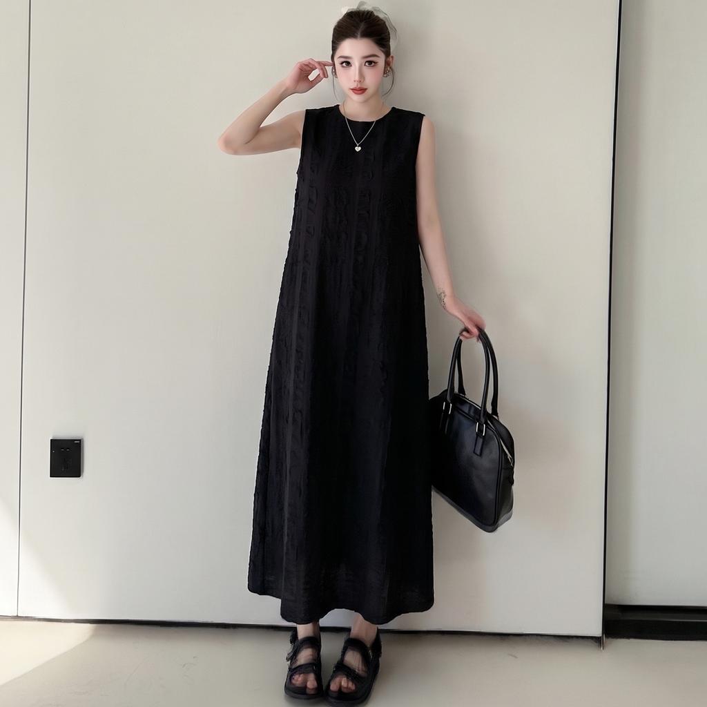 DIMANAF 2026 Summer New Plus Size Women Black Sleeveless Maxi Dress Elegant A-Line Solid Long Vest Dresses