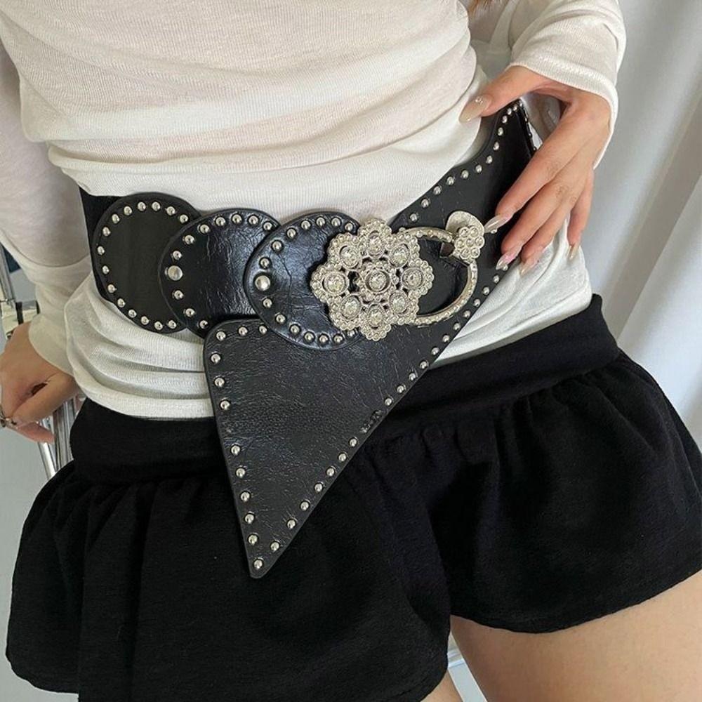 Rhinestone Flower Retro Street Rivet Belt Rivet PU Leather Belt Fashion Wide Waistband  Pants