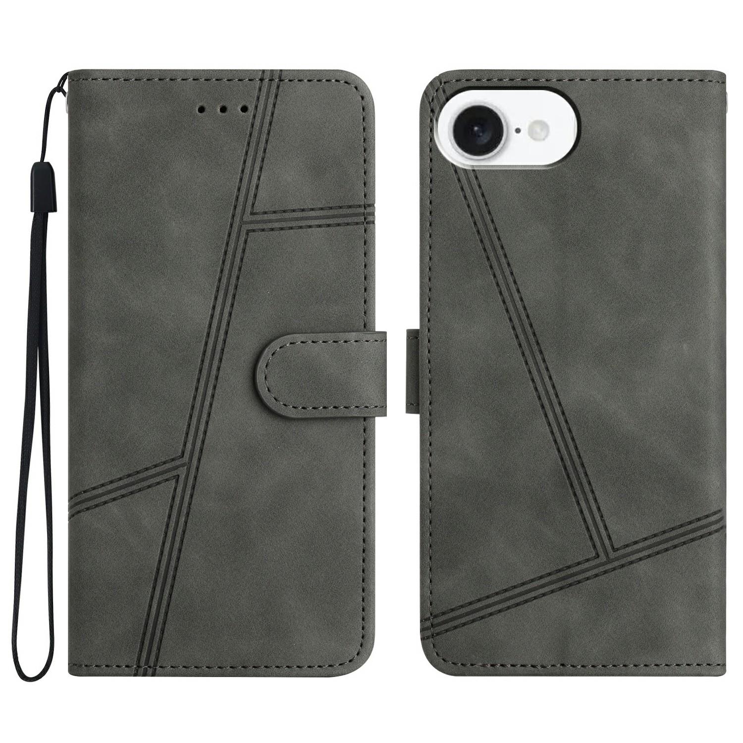 

For iPhone 16e Case Flip Leather Retro Phone Cover Lines Imprinted Grey
