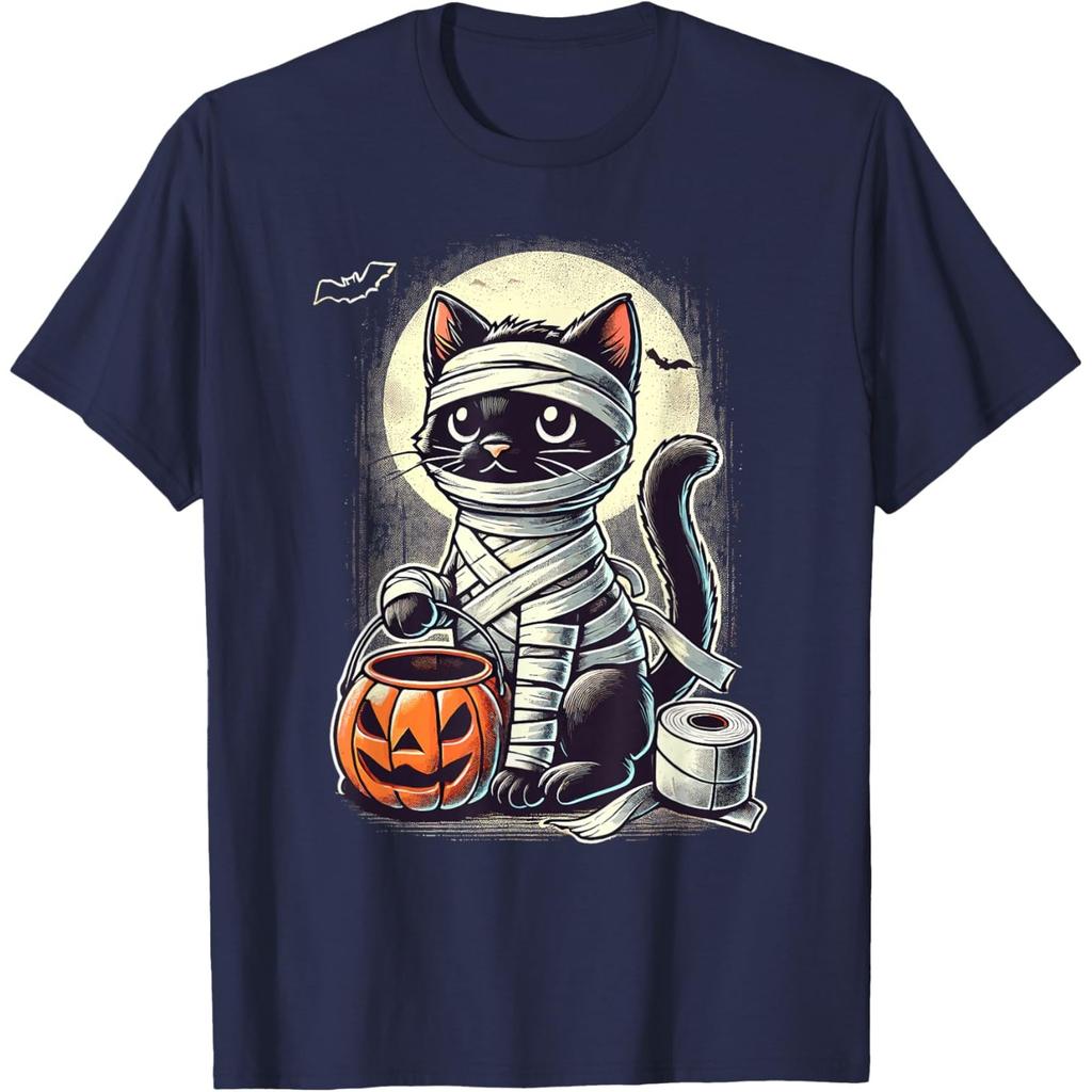 Mummy Black Cat Halloween Graphic Tee Cute Cartoon Kitten Trick Or Treat T-Shirt