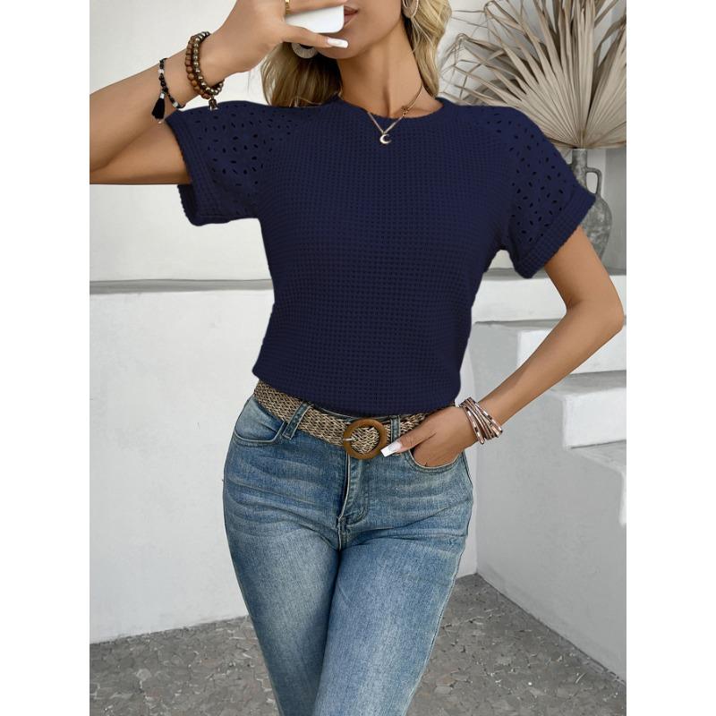 Summer Short Sleeve Thin Hollow Out Women Blouse O Neck Casual Simple Slim Fit Office T Shirt Ladies Fashion Elegant Solid Color Basic Tops Clothes