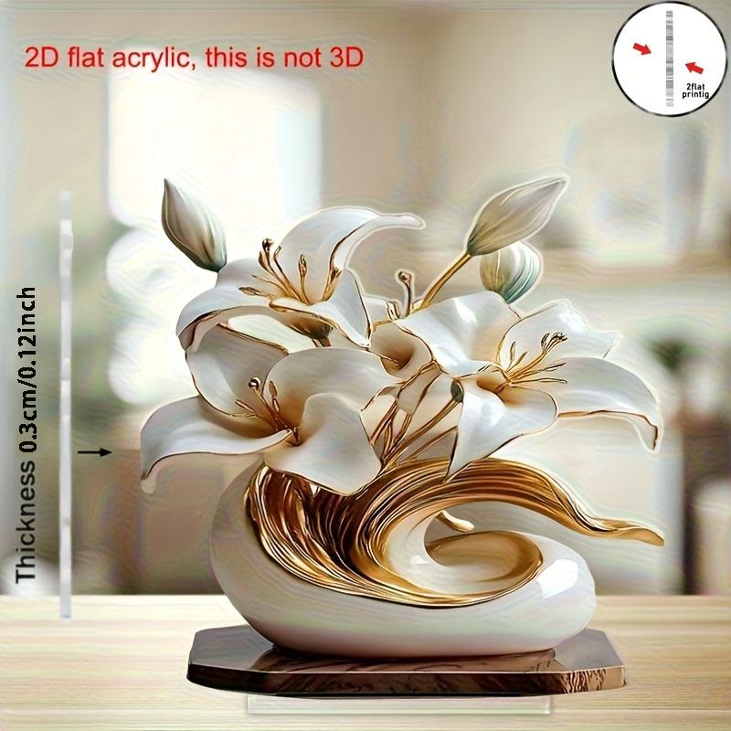 1 Elegant Lily and Vase Acrylic Figurine -2D Desktop Decoration with Gold and White Flowers, Suitable for Home Decor Ornaments