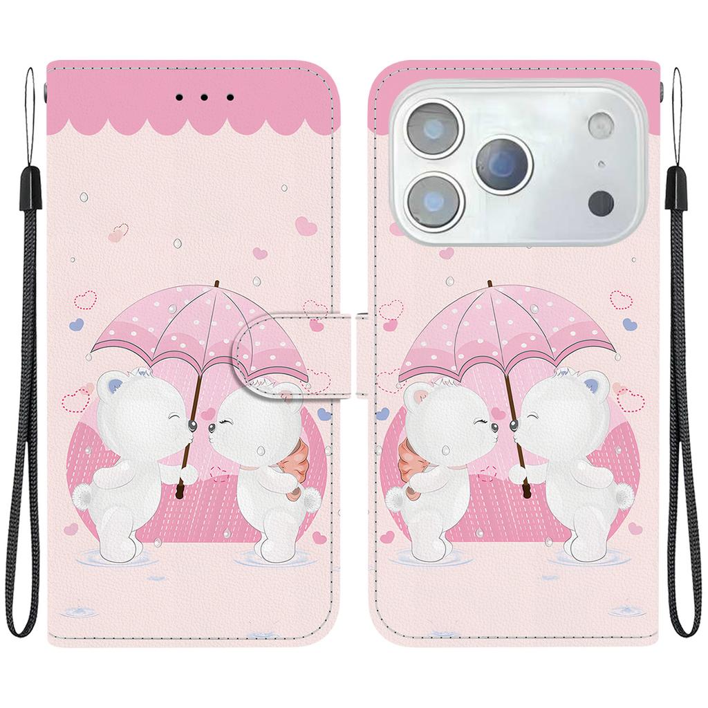 Pro iPhone 17 Pro Pouzdro Vzorový Tisk Odolné proti Pádu Kožené Vyklápěcí Peněženkové Pouzdro na Telefon se Šňůrkou