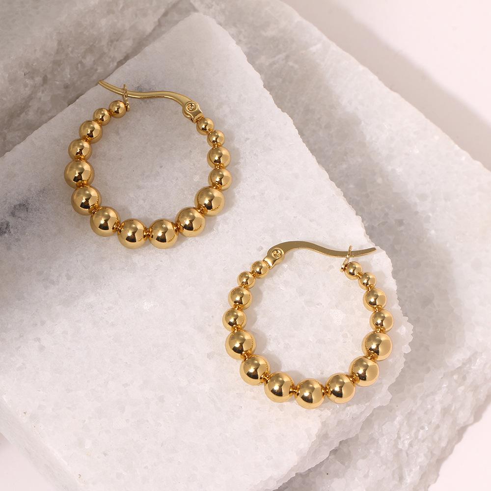 European & American Creative High-End 18K Gold-Plated Beaded Stainless Steel Round Earrings