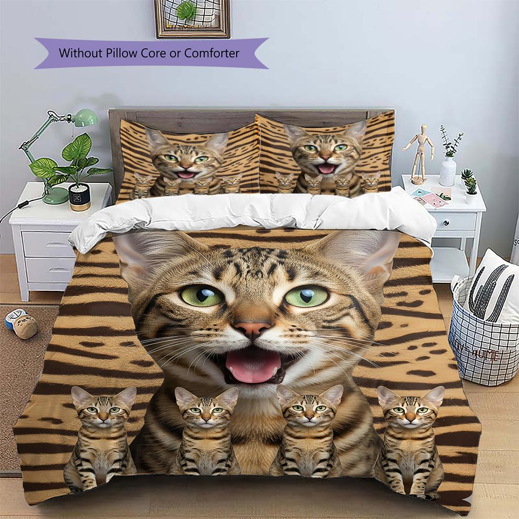 Cute Cat 3D Pattern Bedding Quilt Set Quilt Cover Pillowcase Home Decoration Gift (1 * duvet cover + 2 * pillowcase, without core)