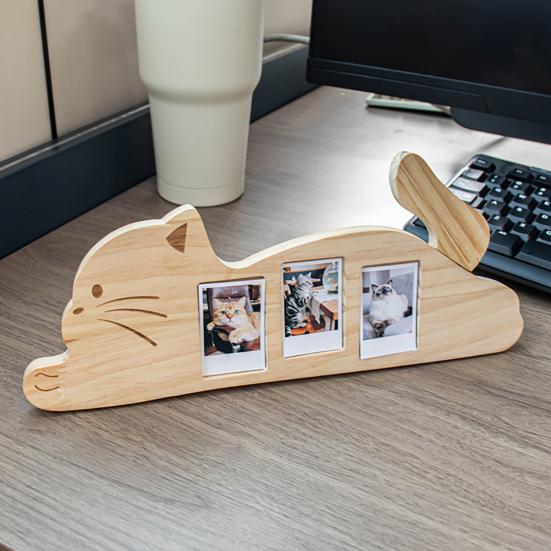 Yousheng Wooden Cat Shape Photo Frame, Rustic Pet Photo Display Frame with Rotatable Tail, Home Office Decorative Picture Holder for 2-inch