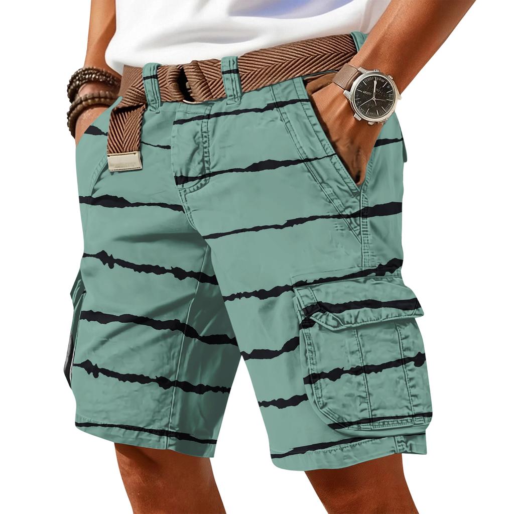Men's casual trend striped printed short pants - Men's multi-pocket work- athletic shorts (without waistband)