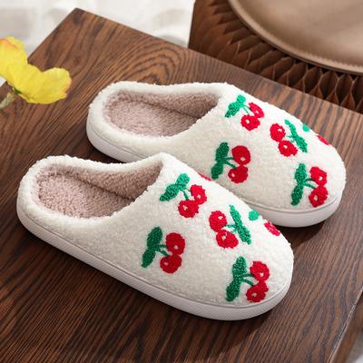 Moda Bonito Pequeno Cereja Macio Pelúcia Chinelos Mulheres Conforto Antiderrapante Casa Quarto Sapatos Mulher Inverno Quente Interior Casa Algodão Chinelos