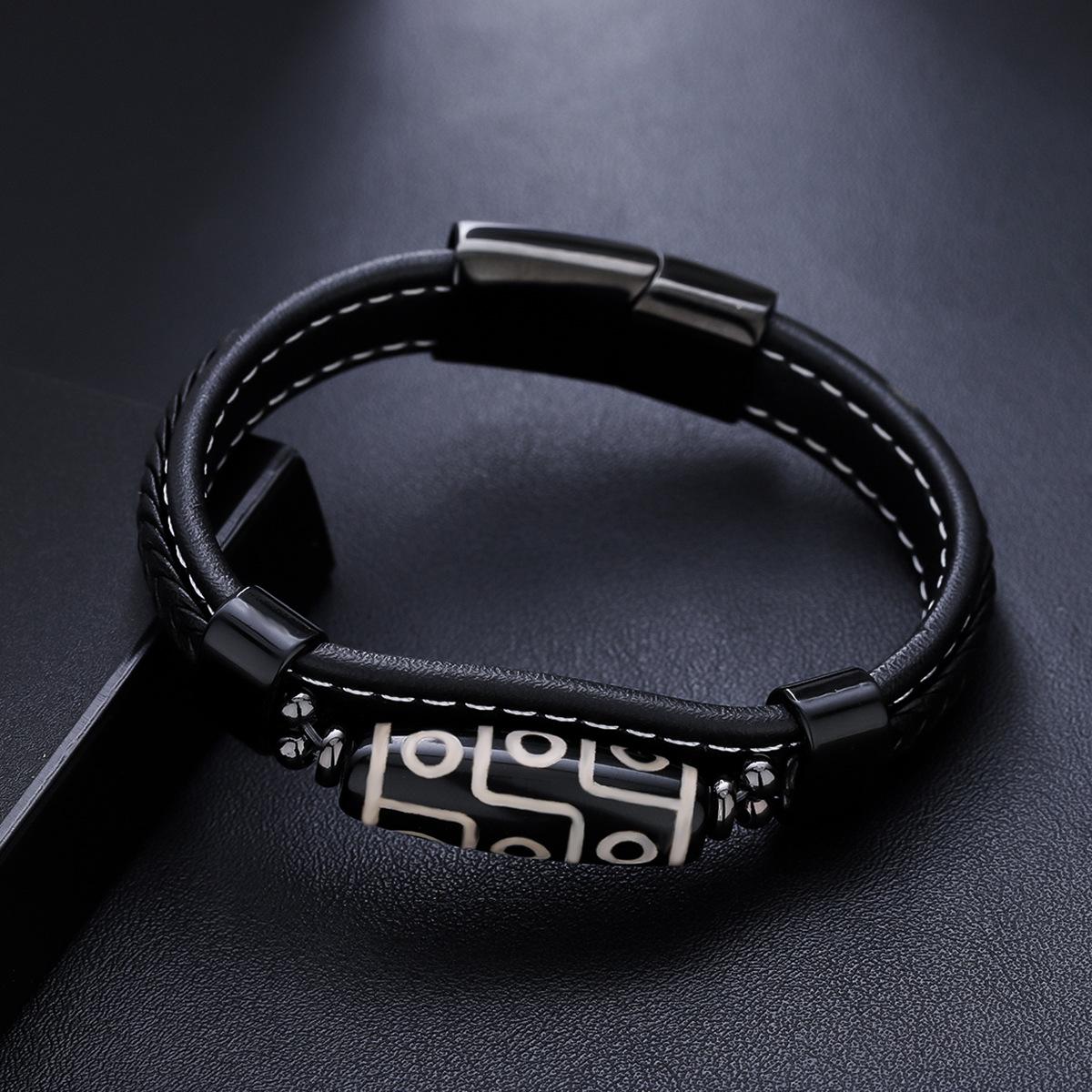 

Тибетский девятиглазый кожаный плетеный браслет Дзи из титановой стали, мужской браслет-оберег с бусинами для перевода 23cm