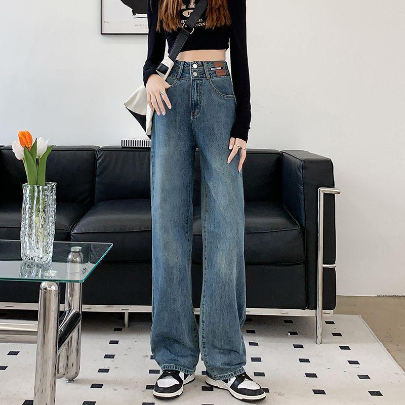 

Women s High-Waisted Wide-Leg Velvet Jeans: Retro Autumn/Winter, Floor-Length, Slimming and Loose Fit. XS