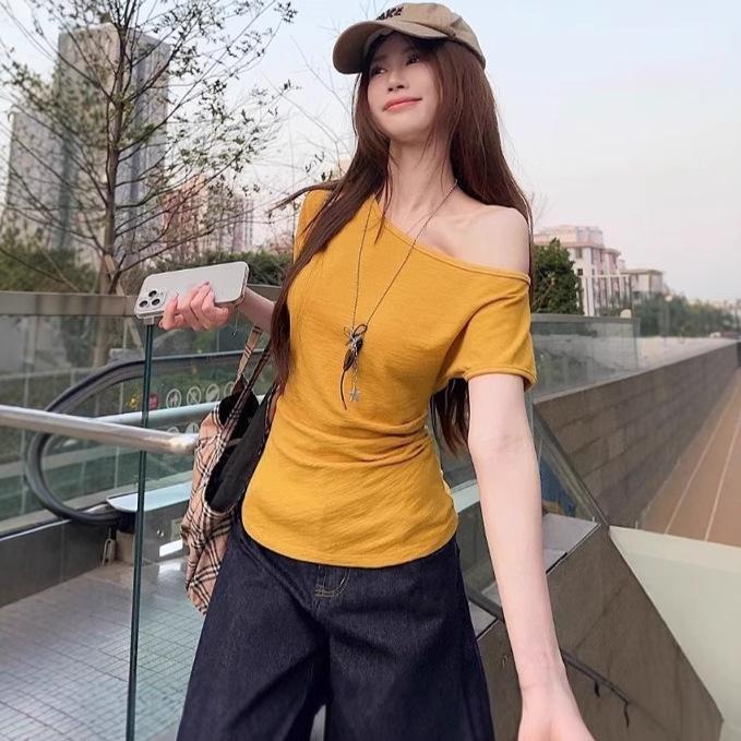 Korejské Niche Žluté Bodycon Tričko s Jedním Ramenem pro Ženy - Letní Top Zeštíhlující Pas