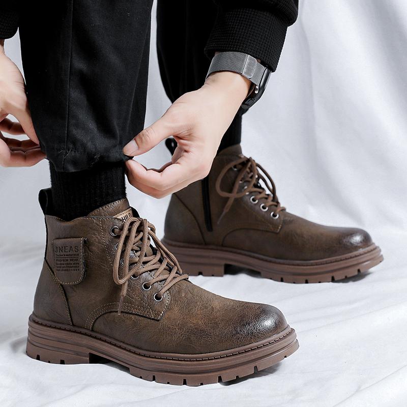 High Quality Men Ankel Boots Autumn Winter Men Boots English Style Thick Soled Mid Top Boot Fashion Retro Lace Up Platform Boots