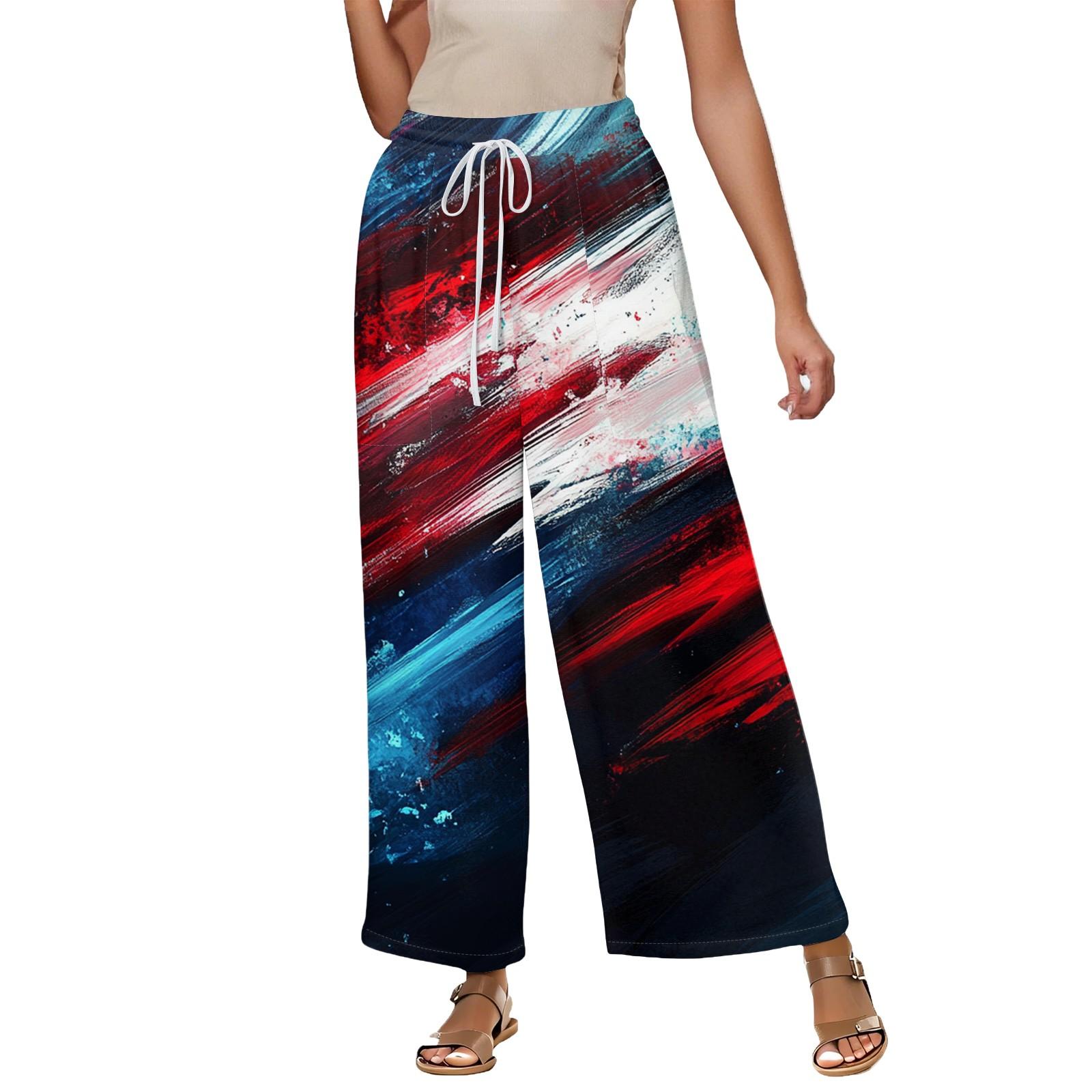 

Жіночі літні еластичні штани з бавовни та льону з принтом до Дня Незалежності, вільні, укорочені L винний