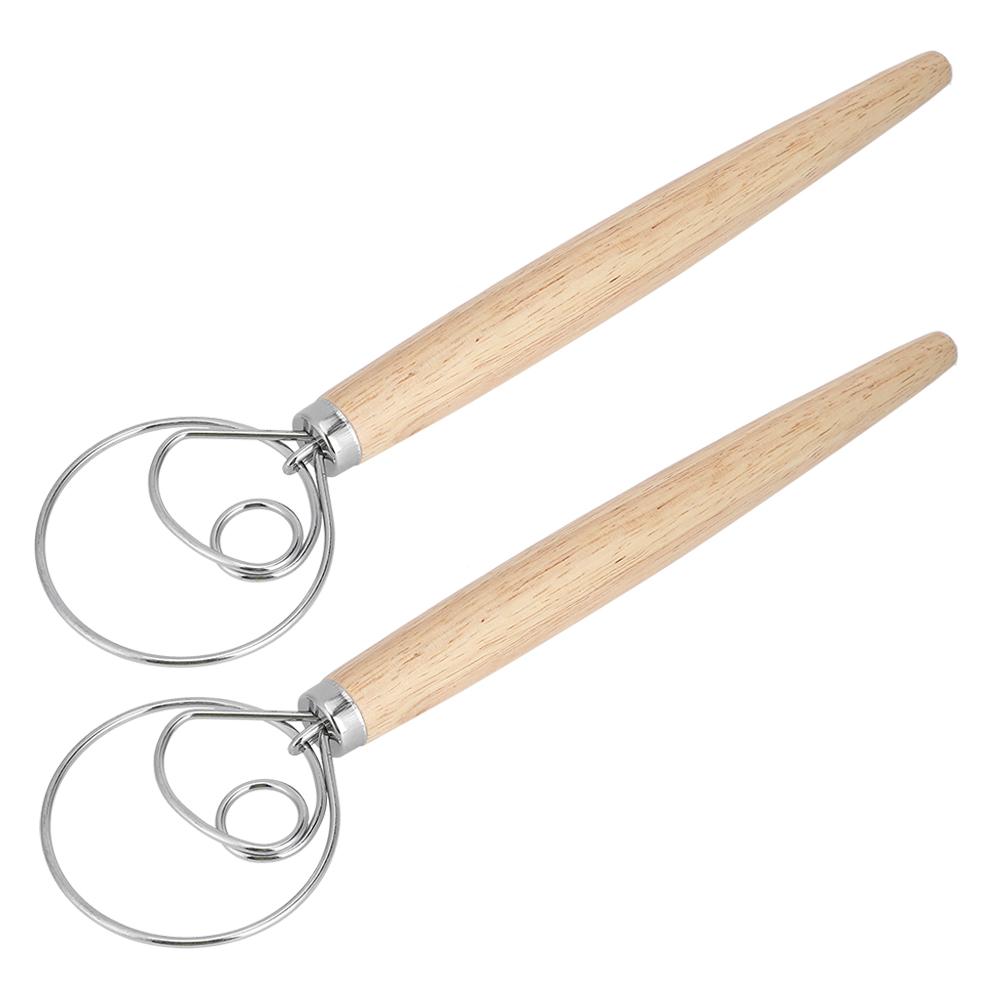 2Pcs Stainless Steel Dough Mixer Blender Manual Eggbeater with Oak Handle Kitchen Accessory