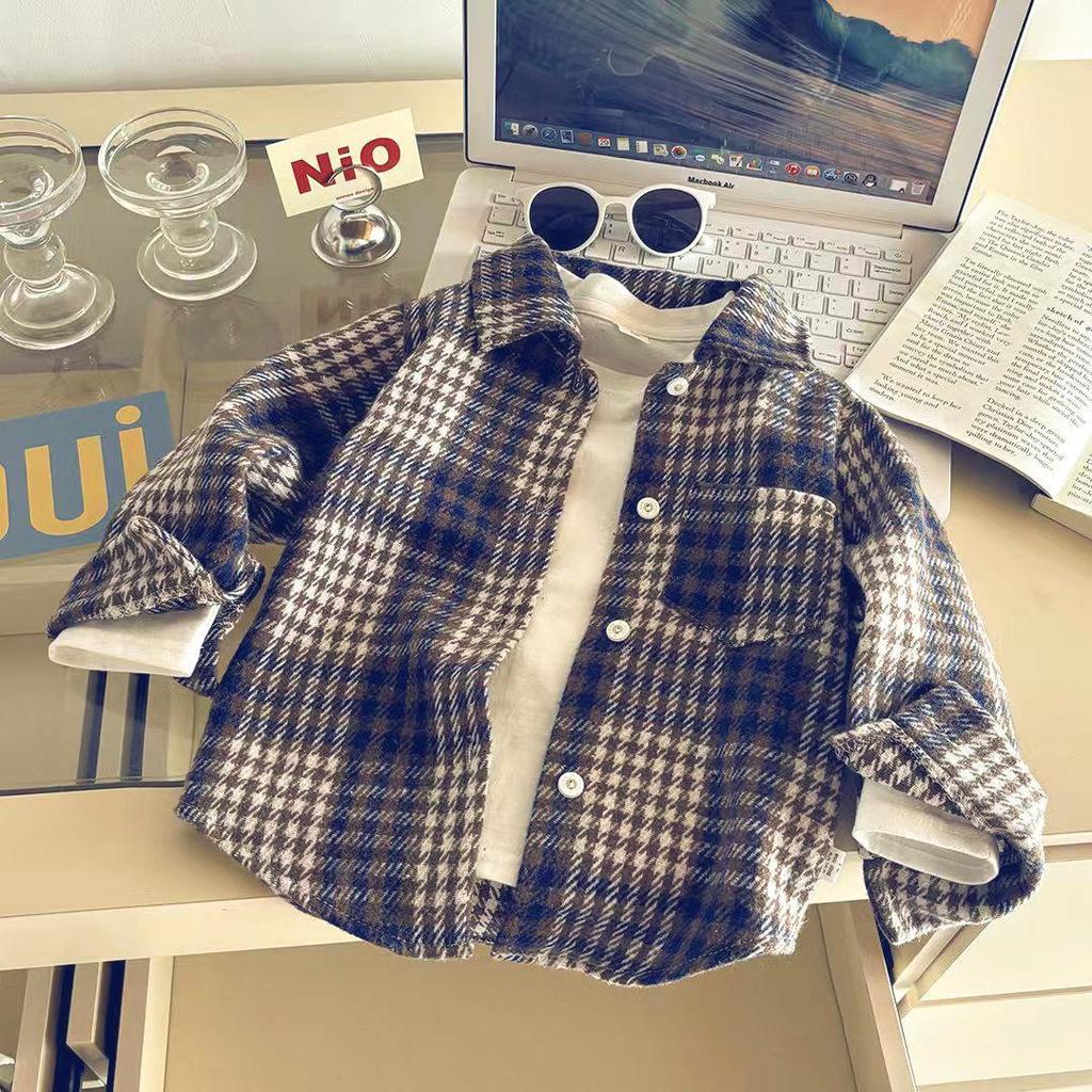 Kids' Retro Plaid Long-Sleeve Shirt with Lapel Collar - Unisex Autumn Cardigan Outerwear