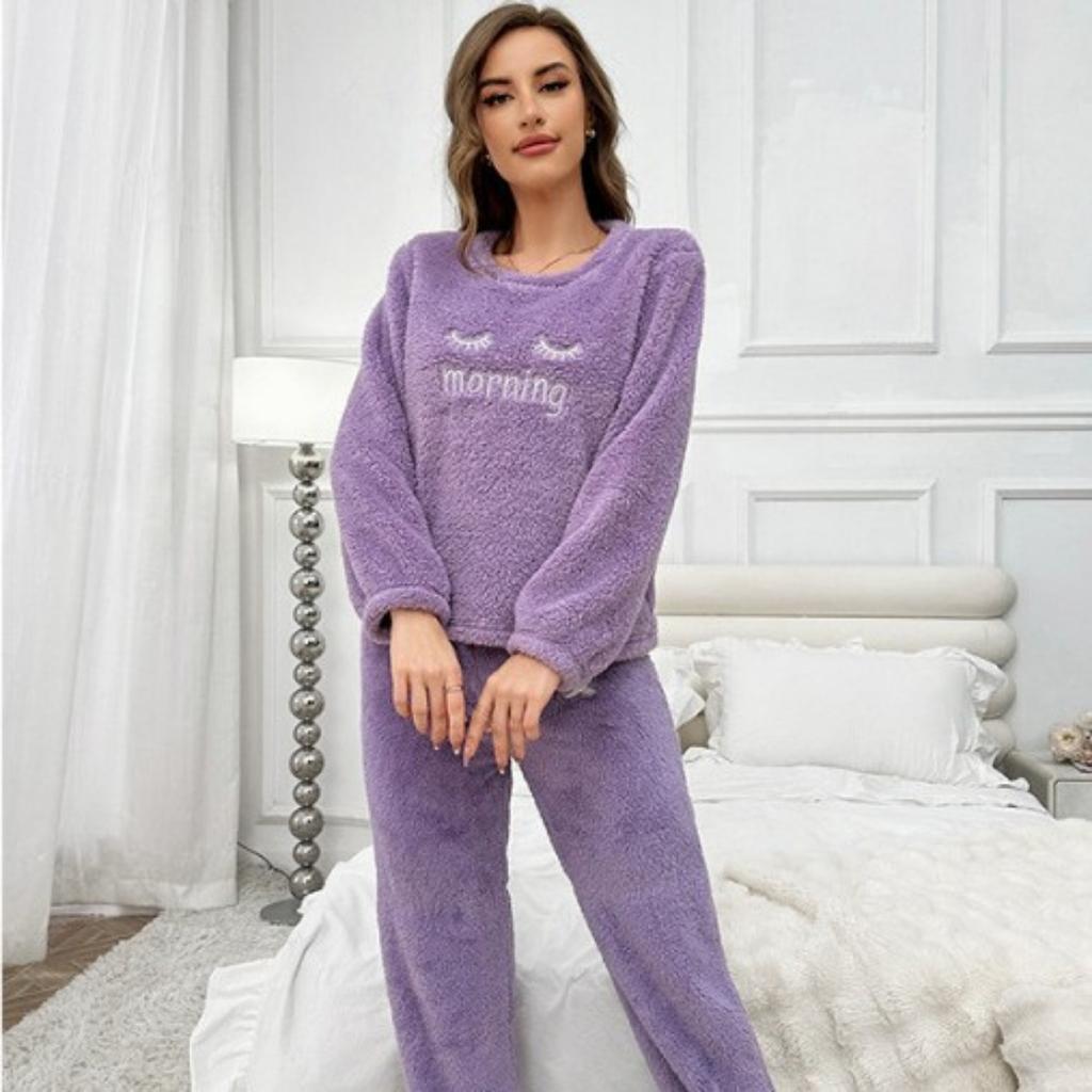 Damen Flauschiger Pyjama Set - Lässiger Rundhalsausschnitt Langarm Besticktes Buchstabenmuster - Teddy Flauschiger Lässiger Pyjama für Winterwärme, Oberteil und Hose