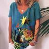 Sommer V-hals 3D Cat Printed Topp Fasjonable Casual Kortermede T-skjorter for kvinner