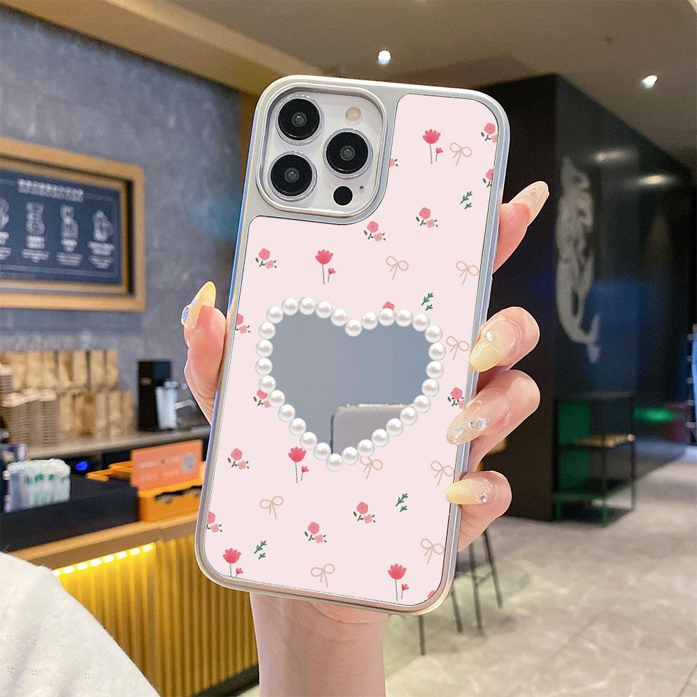 Huaqiang North French Love Pearl Bow Mirror Apple 17PM Mobile Phone Case iPhone13promax Case