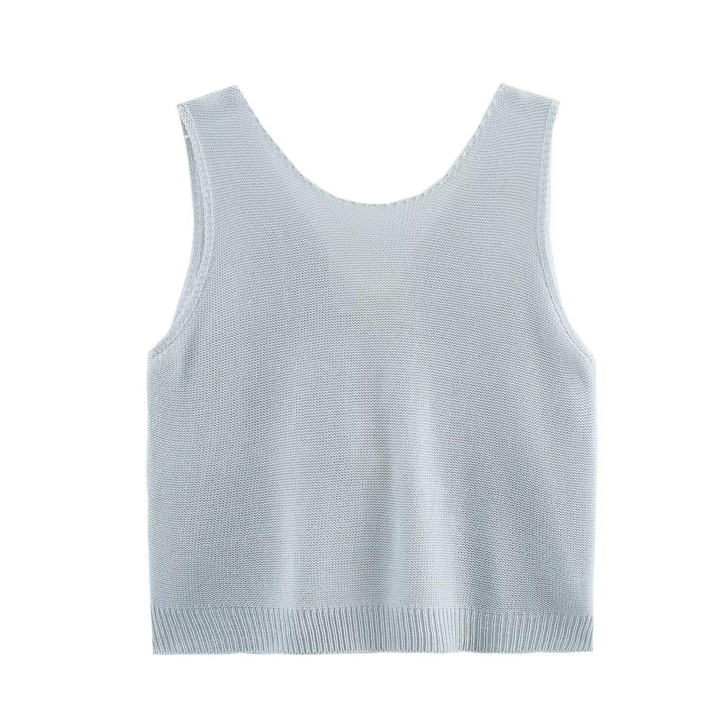 

Весна 2025 Женская европейская и американская мода: Простой трикотажный топ без рукавов с бантом на спине Small светло-синий