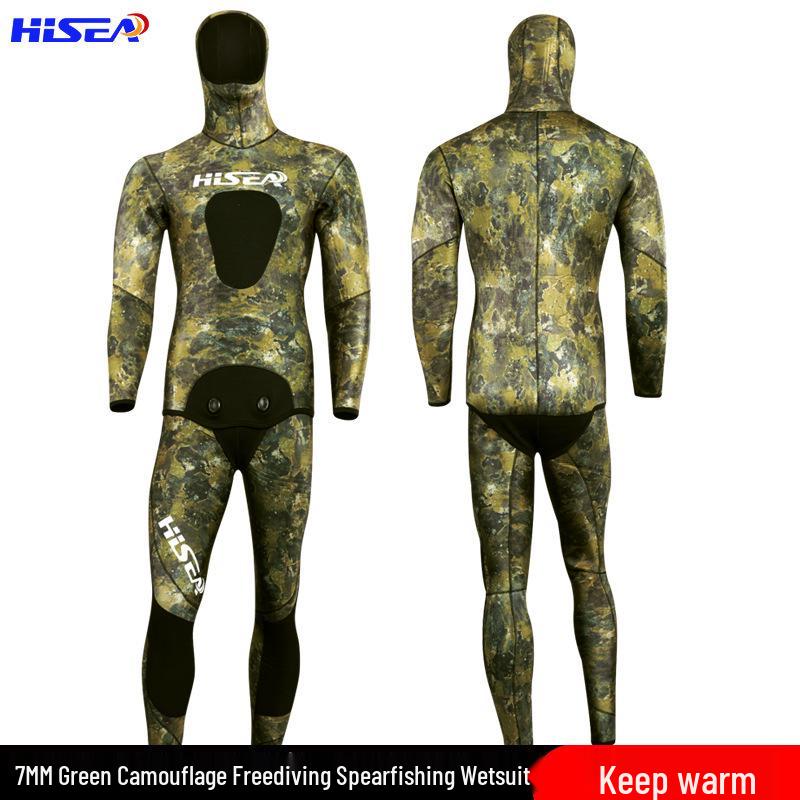 7mm Camouflage Freediving Wetsuit: Warm, Long Sleeve, Two-Piece for Deep Diving