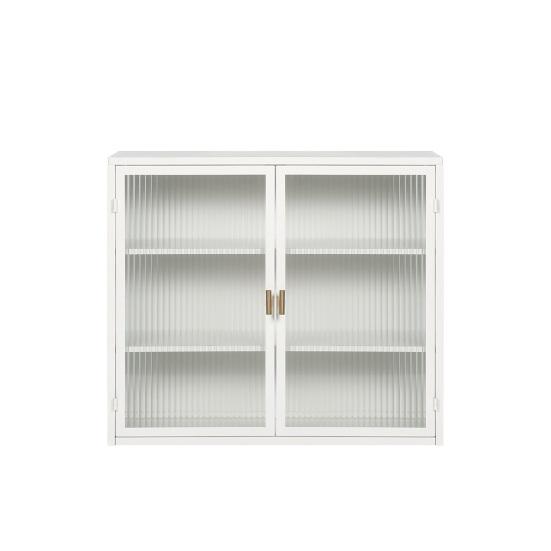 Wall Cabinet Modern Glass Double Doors Three Tiers Detachable Shelves Golden Handle Entryway Living Room Kitchen Bathroom Wood Storage Sideboard