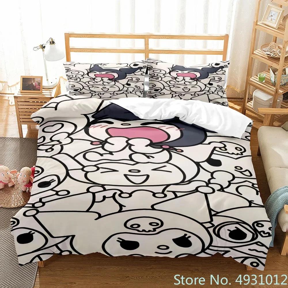 Sanurgente Kuromi Melody Bedding Set Pillowcase Anime Bedclothes Cartoon 3D Printed Kids Adult Boys Quilt Duvet Cover Gift