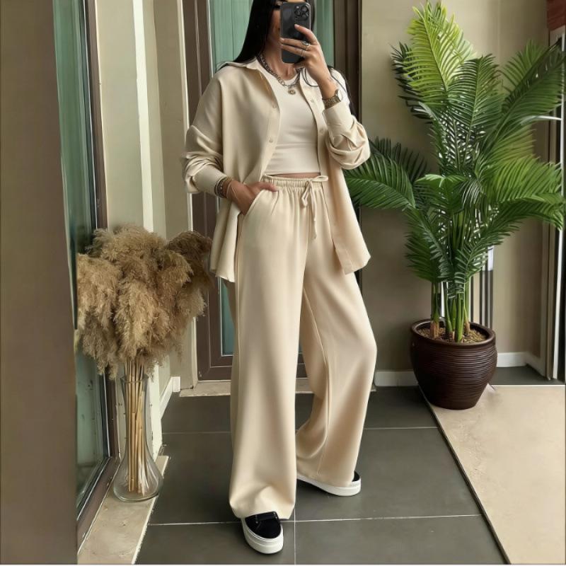 Spring Fashion Women's Plus Size Two-Piece: Linen-Style Shirt & High-Waisted Loose Pants