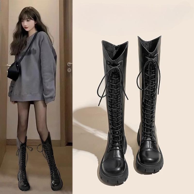 Winter Platform Cross Lace Up Woman Knight Boots Fashion Thick Heel Shoes Street Style Female Short Plush Long Booties
