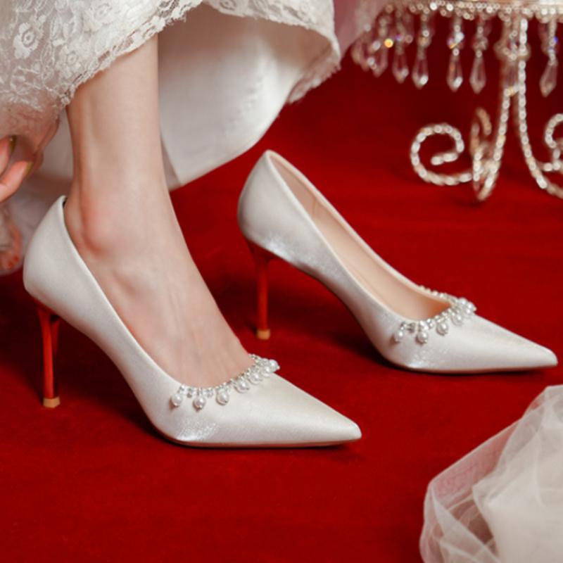 Fashion New Fashion  Pointed Toe Satin Surface Women's Shoes  Bridal Shoe For Wedding White High Heel Shoe For Women Party Heeled Shoes
