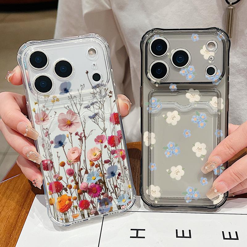 Silicone Cover For iPhone 16 Pro Max Funda iPhone 17 Air 15 14 13 12 Pro Max 11 colorful Small Flowers Pattern Case Insert the card Silicone Cover