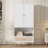 Wardrobe with 2 Doors, Large Rattan Drawer and Clothes Rail. With Metal Legs and Handles – Perfect for Bedroom and Living Room. White, 80x48x175 Cm