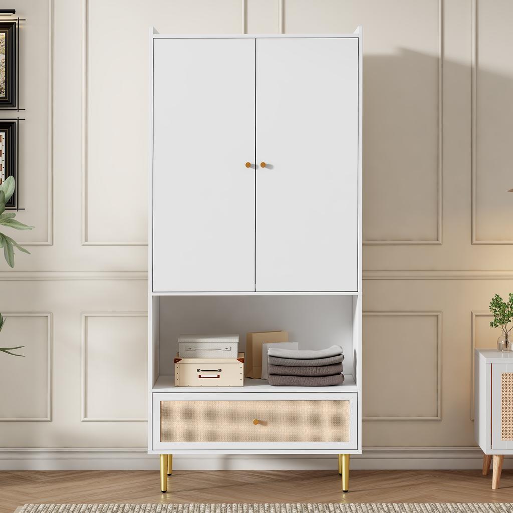 Wardrobe with 2 Doors, Large Rattan Drawer and Clothes Rail. With Metal Legs and Handles – Perfect for Bedroom and Living Room. White, 80x48x175 Cm