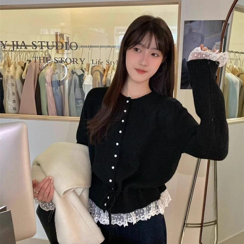 Korean Fashion Crew Neck Sweet Lace Waist Tuck-up Sweater Spring Autumn Knitted Cardigan Loose Slim Fit Top Elegant Casual Jackets Lace-up Clothing