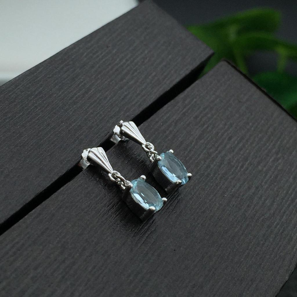 Aquamarine Gemstone 925 Silver Inlaid Simple Stud Earrings