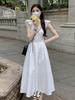 French white small flying sleeve dress women's summer temperament sweet first love style chic waist long skirt