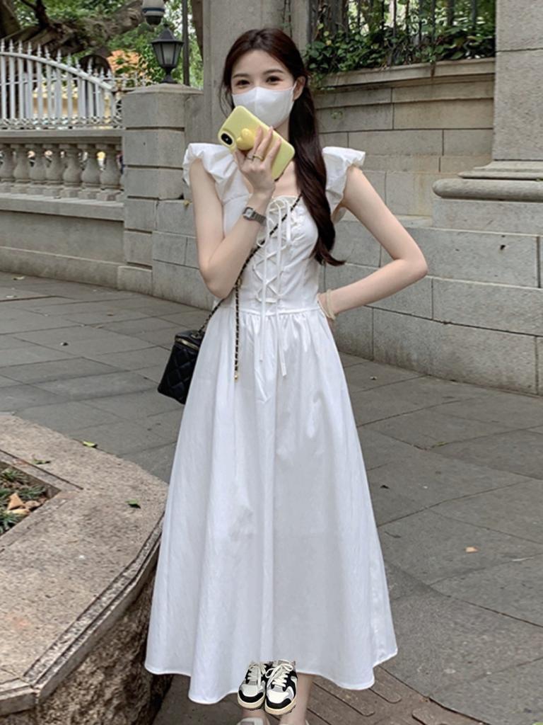 French white small flying sleeve dress women's summer temperament sweet first love style chic waist long skirt