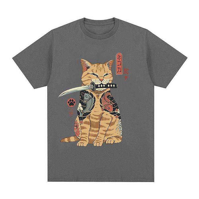 Funny Cotton Japanese Samurai Cat T Shirt Lover T Shirts Cat T-Shirts Retro Casual Short Sleeve Tshirt Unisex Women Clothes