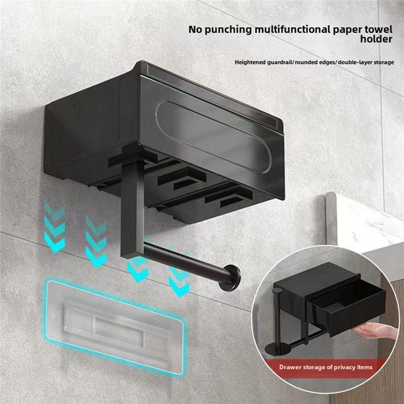 AS60-No-Drill,Bathroom Organizer For Essentials-Mounted Toilet Paper Holder In Sleek Black Featuring Shelf 1Pc Wall Mount Design