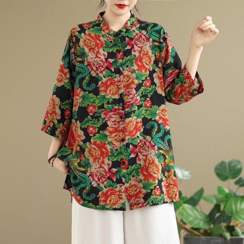 

Plus Size Printed Chinese Style Short Sleeve Cardigan & Wide Leg Pants Set for Women 2XL