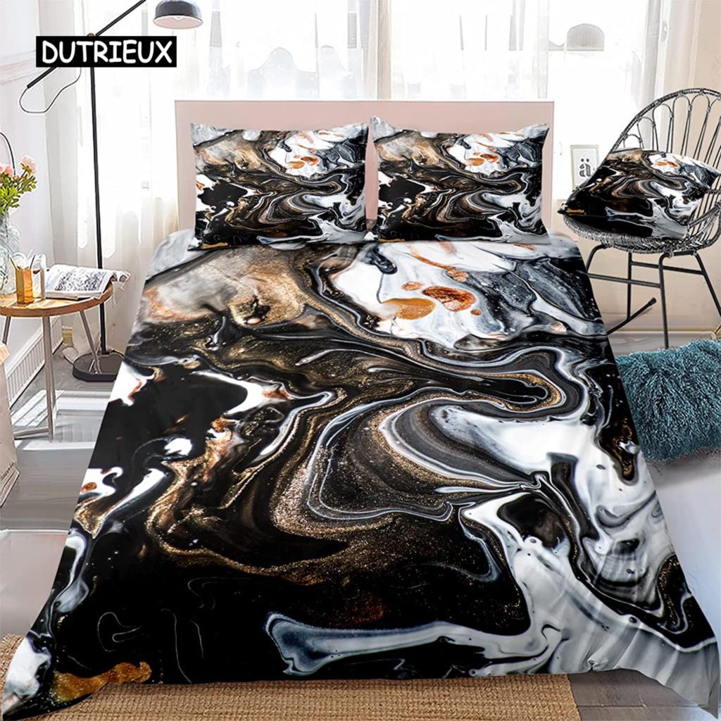 Márvány Paplanhuzat Fekete Márvány Ágynemű Fekete Fehér Arany Absztrakt Márvány Textúra Poliészter Paplanhuzat Dupla Queen King Méret