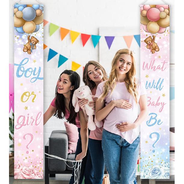 Baby Bear Gender Reveal Decorations - Boy or Girl Porch Sign Banner, Pink Blue Balloon Baby Shower Door Hanging Banner for Party Supplies
